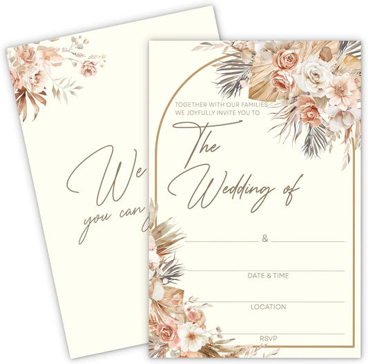 Wedding Invitations With Envelopes And RSVP Cards - Blank Boho Chic Terracotta Floral Wedding Card With Gold Arched Frame - Invitaciones Para Boda Personalizadas Set of 20(4 x 6 Inch)(009)