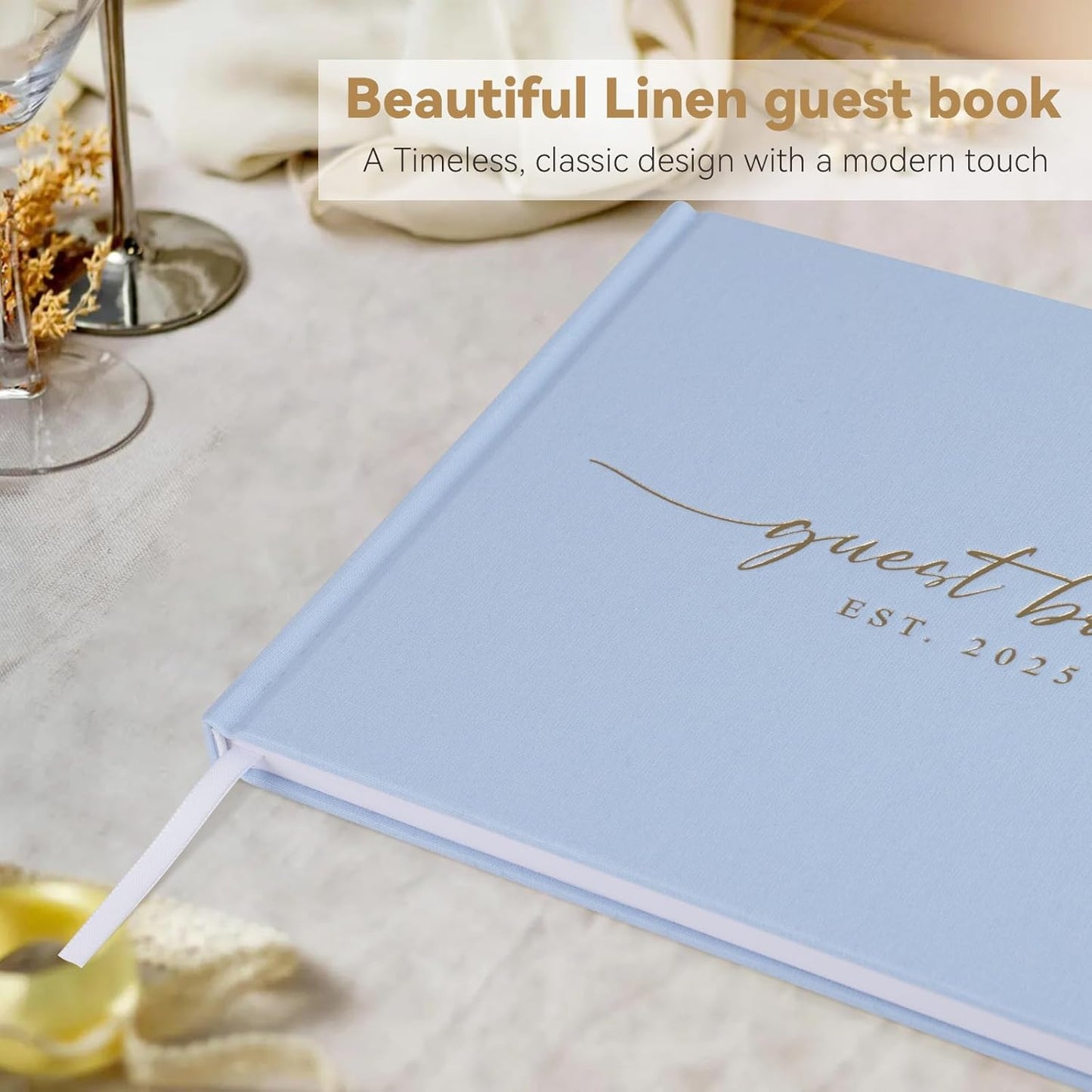 Wedding Guest Book with Personalized 2025 Year - Linen Photo Guest Book for Wedding Reception Bridal Shower Guests to Sign - 100 Pages Blank and Lined Acid Free Paper (Baby Blue)