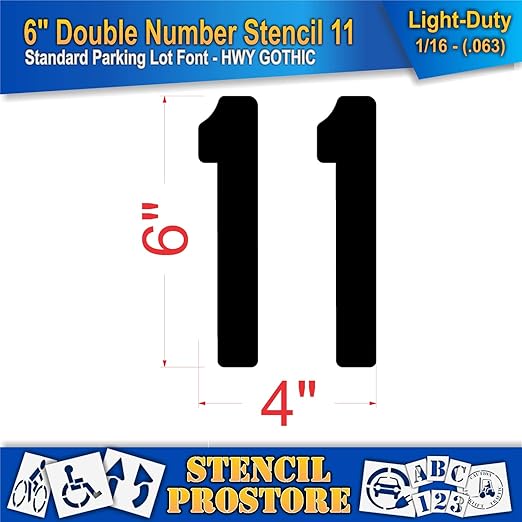 Pavement, Curb, and WheelStop Stencils - 6 inch Double Number Stencil - (11) - 6" x 4" x 1/16" (63 mil) - Light-Duty