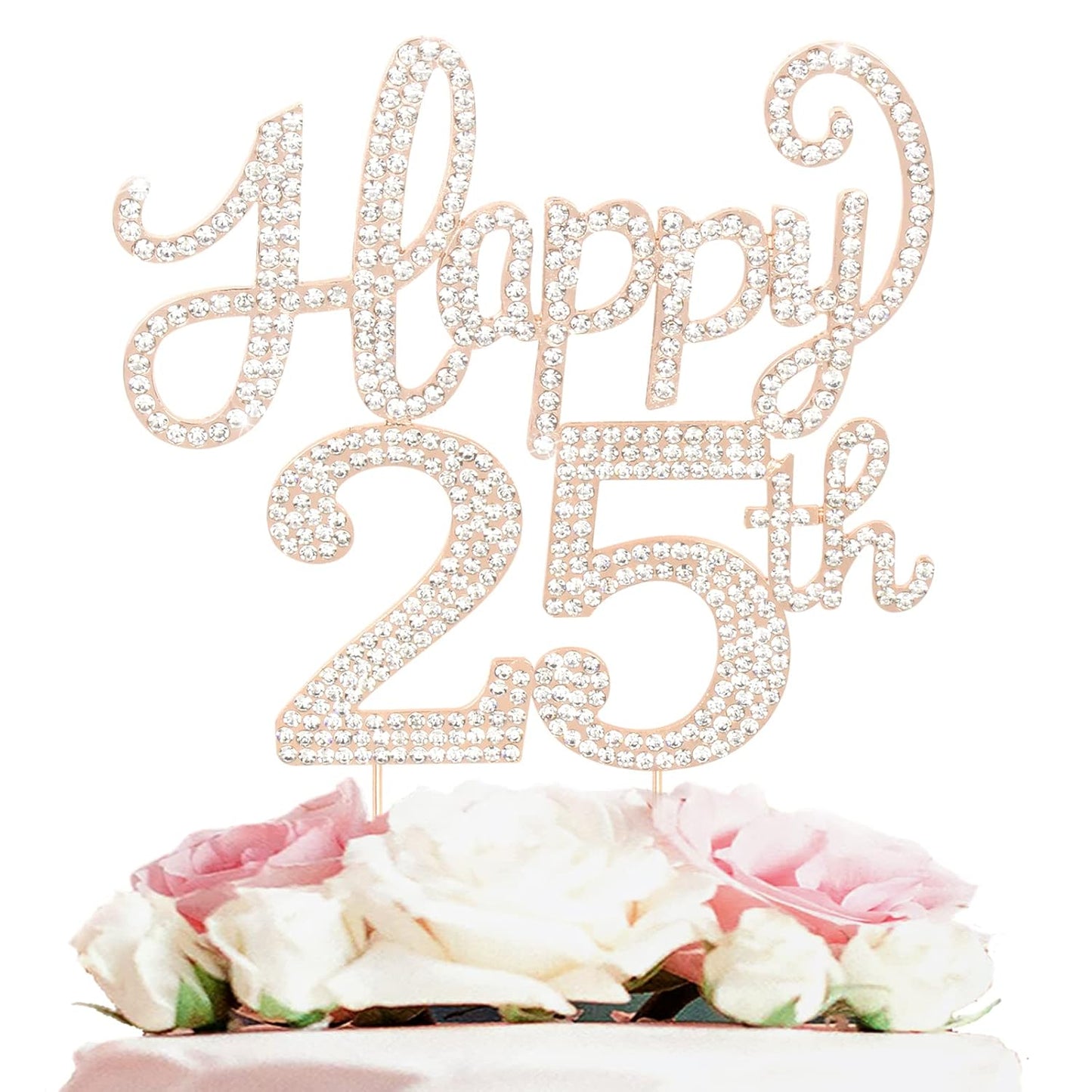 LASKYER Happy 25th Birthday Decorations,25th Birthday Gold Rhinestone Cake Topper - Cheers to 25 Years Old Bday Party Metal Sparkly Cake Centerpieces Sign.