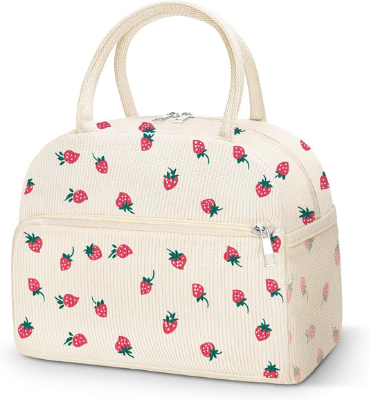 Coobiiya Lunch Bag for Women Men, Cute Corduroy Lunch Tote Bags Insulated Reusable LunchBox Large Capacity Cooler Bag for Work Travel Picnic