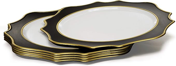 " OCCASIONS " 10 Pieces Round 13'' ACRYLIC MELAMINE Reusable Wedding Charger Plate (Scalloped Black and Gold)