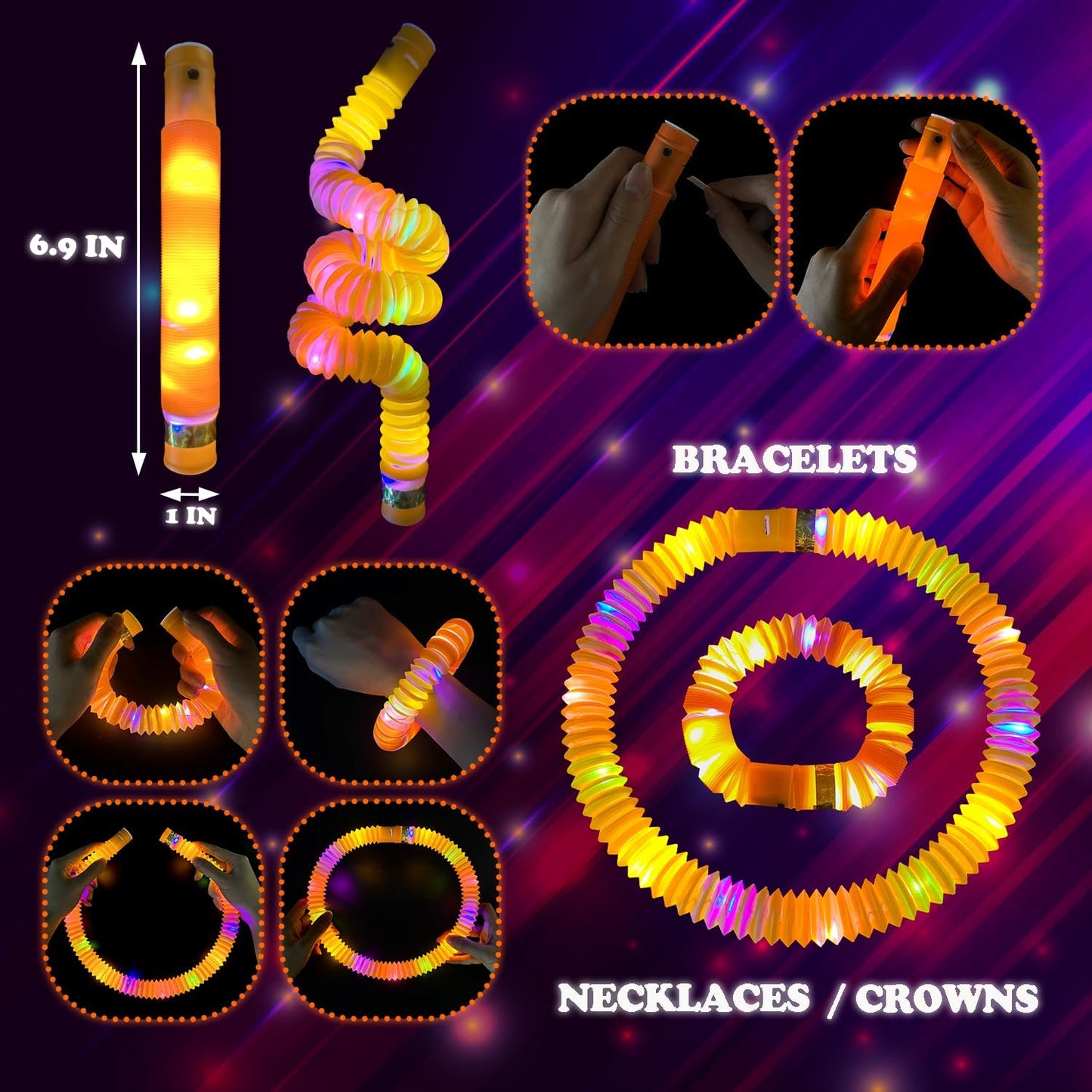 12-24 PCS Orange Glow Sticks Pop Tubes for kids,Light Up Glow Necklaces Bracelets Party Favors Gifts Accessories for Toddlers, Glow New Year Eve Birthday Camping Party Decorations for Boys Girls