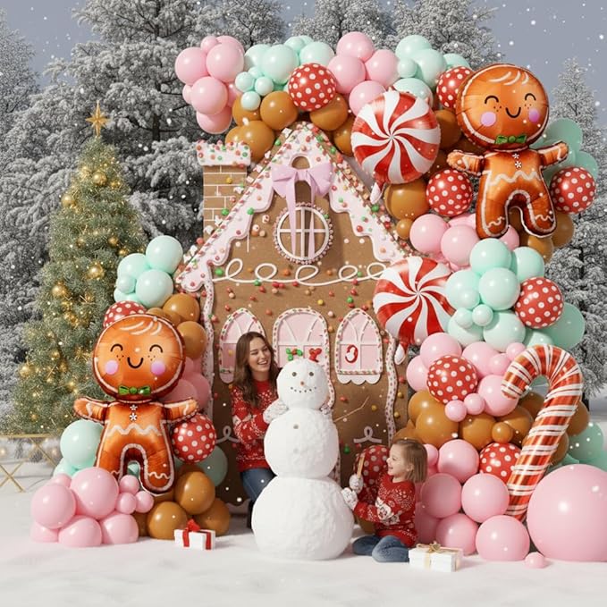 160Pcs Christmas Balloon Arch Garland Kit Xmas Pastel Pink Green Brown Latex Balloons Gingerbread Man Candy Cane Foil Balloons Arch Kit for Christmas New Year Party Birthday Party Decorations
