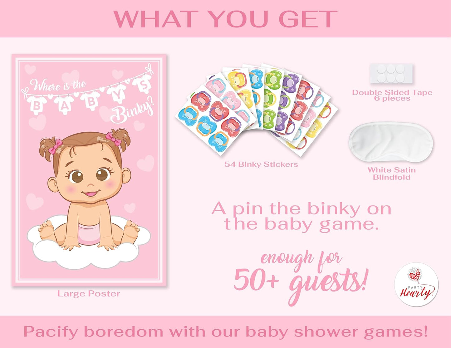 Party Hearty Funny Baby Shower Games for Girl - Pink Pin The Pacifier on The Baby Game, Where is The Baby's Binky