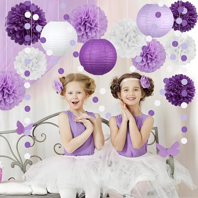 14 Pcs Purple Birthday Decorations for Women - Lavender & Lilac Tissue Pom Poms, Lanterns & Polka Dot Garland for Girls Party, Graduation, Baby Shower, Princess Theme & Bridal