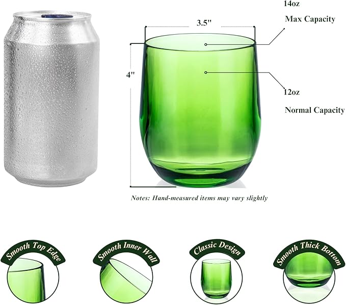 14oz Colorful Thick Stemless Wines Cups (Set of 6), Shatter-Proof Acrylic Old-fashioned Glasses, Reusable Plastic Bar Glasses, BPA-Free, Dishwasher-Safe