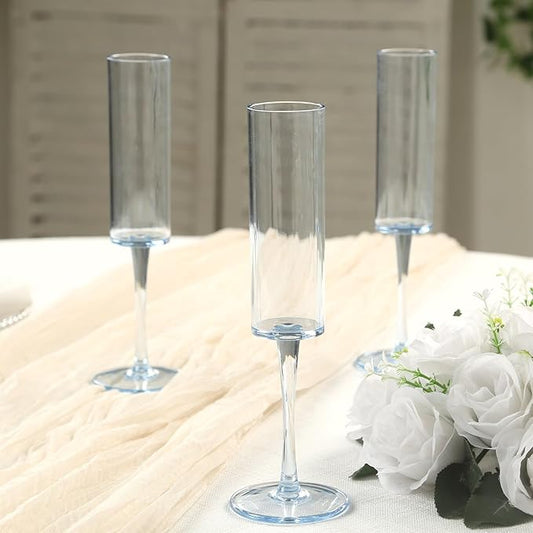 Efavormart 6 Pack Transparent Dusty Blue Reusable Plastic Champagne Flute Glasses in Cylindrical Shape, 6oz Wine Mimosa Glass Goblets with Long Stems - 9.5" Tall