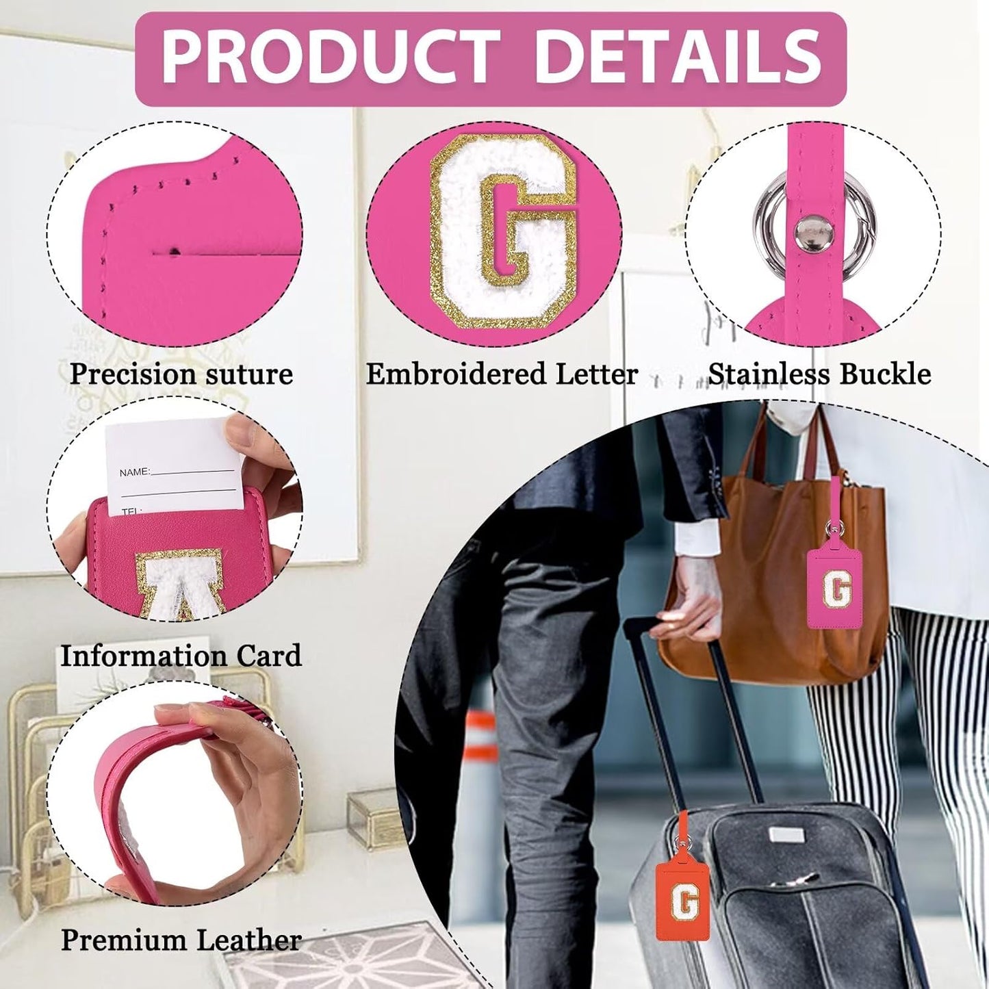 Personalized Initial Luggage Tags for Suitcases, Leather Chenille Letter Cute Luggage Tags with Privacy Name Card, Embroidered Travel Bag Backpack Tags Gifts for Women Kids Girls Teens(Rosered-G)