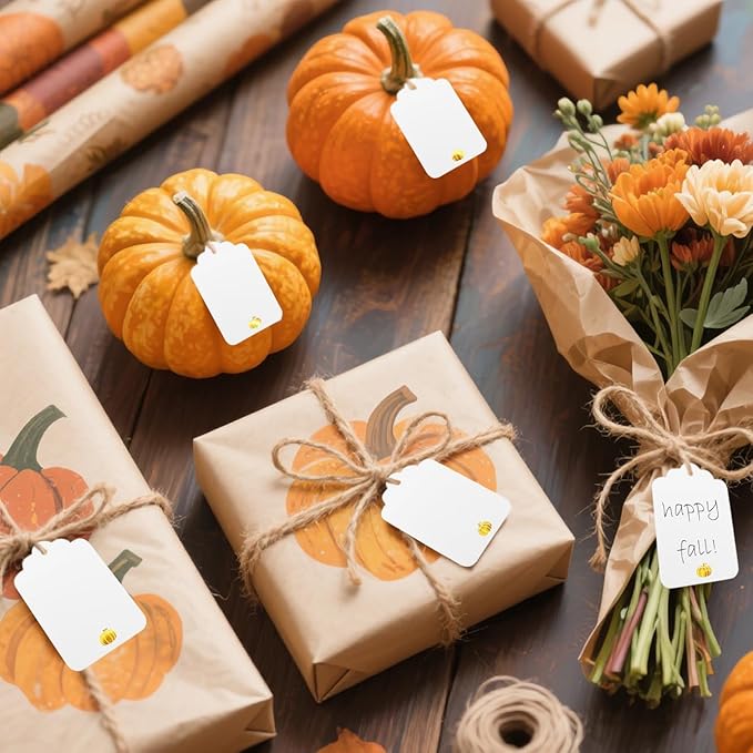 ASYEHJNR 100 Pcs Blank Gift Tags with String Gold Foil Pumpkin Large White Paper Gift Tags with 65 Ft Jute Twine Cute Tags for Halloween Autumn Fall Harvest Thanksgiving Gift Wrap Tags