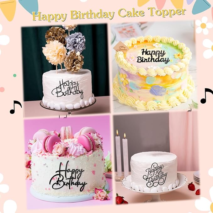 6 Pcs Happy Birthday Cake Topper Side Mirror Acrylic Sign Decorations Black Inserts Decor Supplies Cupcake Toppers for Party Dessert
