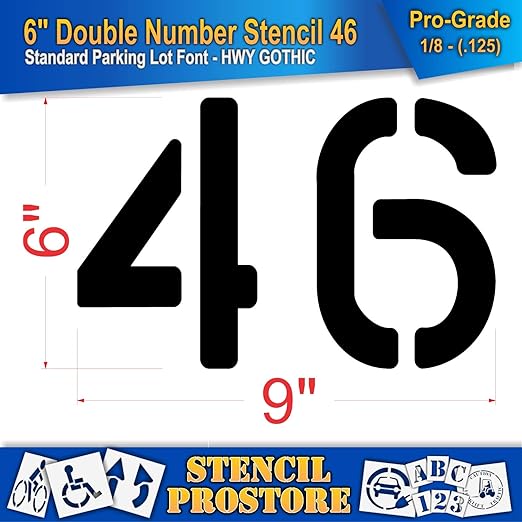 Pavement, Curb, and WheelStop Stencils - 6 inch Double Number Stencil - (46) - 6" x 9" x 1/8" (128 mil) - Pro-Grade