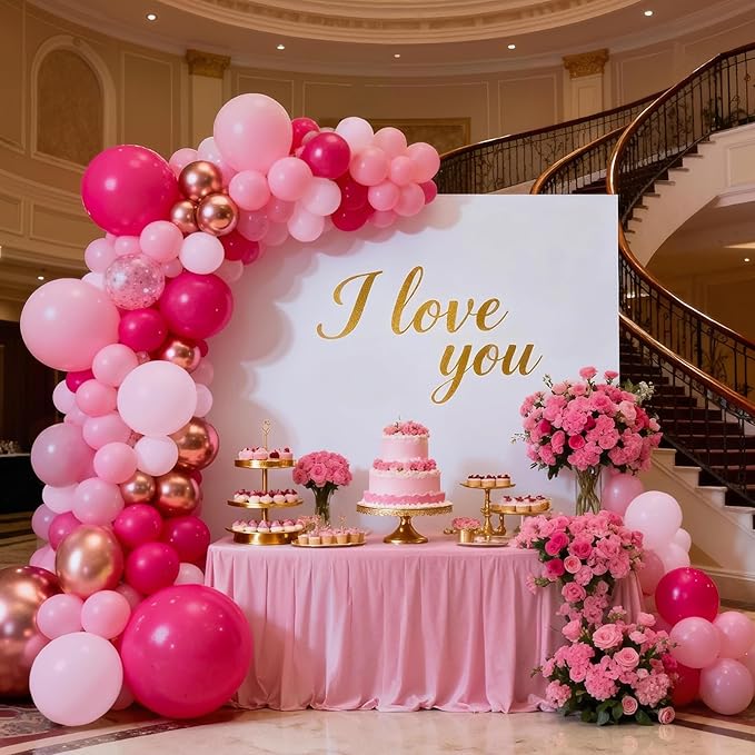 Valentines Day Balloon Arch Kit, Pink Rose Red Rose Gold Balloon Garland & I LOVE YOU/Love/Diamond Ring Foil Balloons for Galentines Mothers Day Wedding Engagement Anniversary Party Decorations