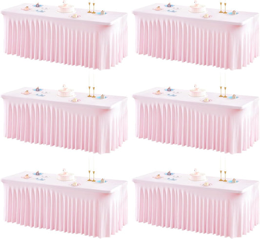 6 Packs Baby Pink Spandex Tableclothes for 8 Foot Rectangle Table, Spandex Table Covers 8FT Stretch Table Skirts Rectangle Wrinkle Free Fitted Table Cover for Event, Wedding, Banquet & Parties