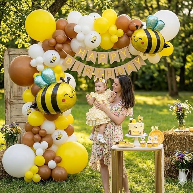 144PCS Bee Balloon Arch Garland Kit with Yellow Brown White Balloons for Honey Bumble Bee Theme Birthday Decorations, What Will It Bee Gender Reveal, Sunflower Party Decor