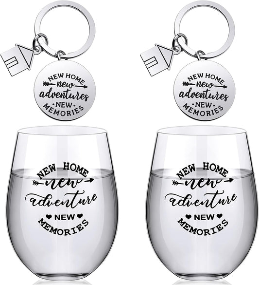 Lallisa 4 Pcs Housewarming Gifts for New House 2 Stemless Wine Glasses Bottle and 2 New Home Keychain Adventures Keyrings for Newlywed Couple, Friends, Apartment Homeowner Newlywed
