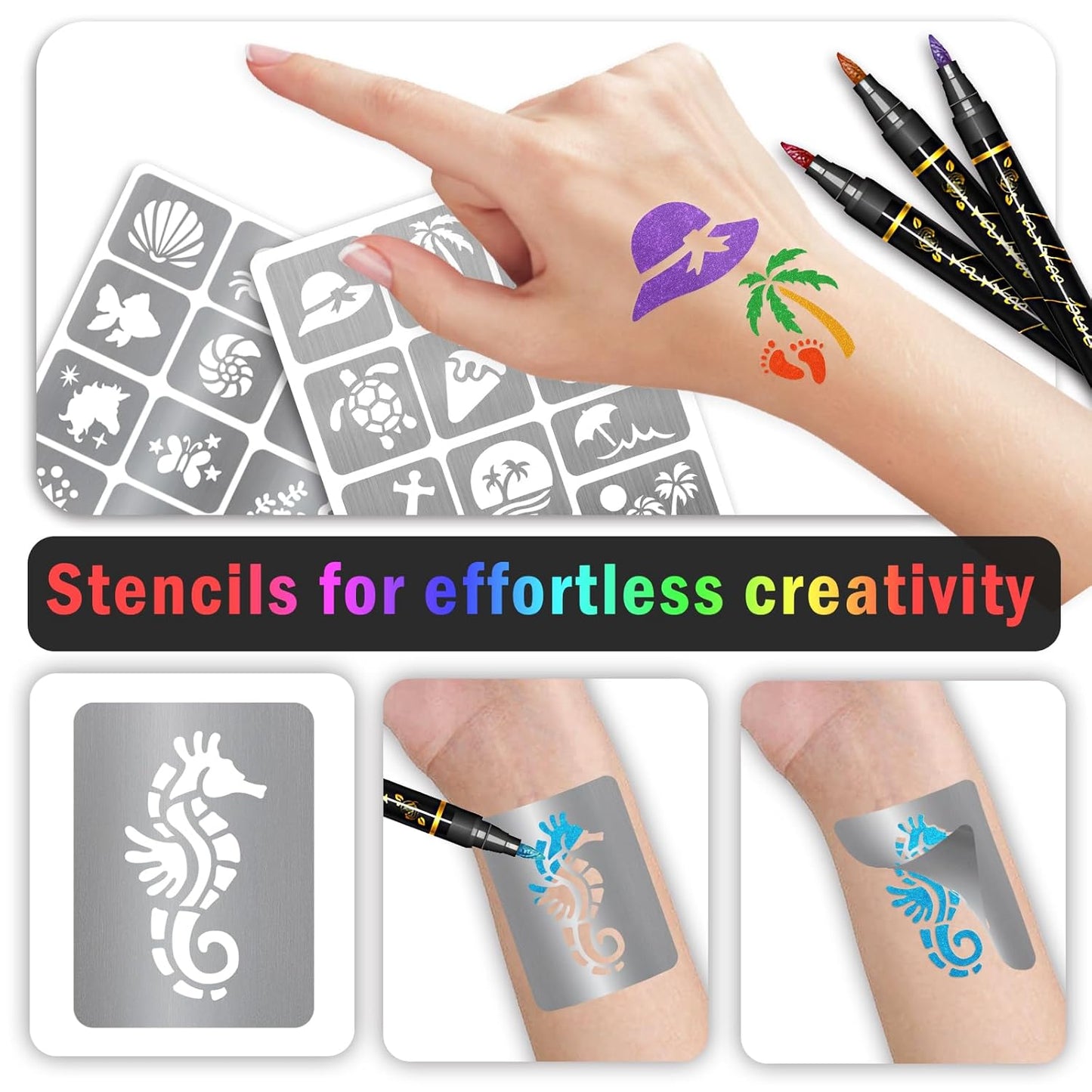 Temporary Tattoo Markers for Kids and Adults, 12 Metallic Markers and 150 Tattoo Stencil Designs, Cosmetic Tattoos Pens for Party Favor Gift and Face Painting
