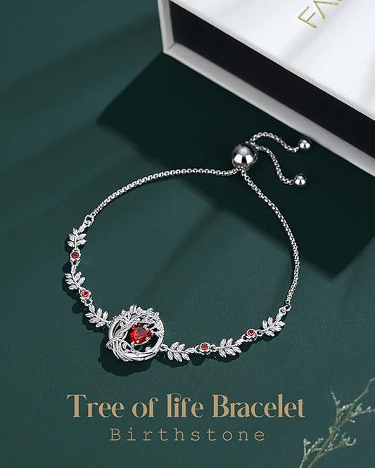 FANCIME Valentines Day Gift Tree of life Birthstone Bracelet for Women Sterling Silver Tree Jewelry Birthstone Charm Bracelet Gemstone Anniversary Birthday Gifts for Wife Mom Her