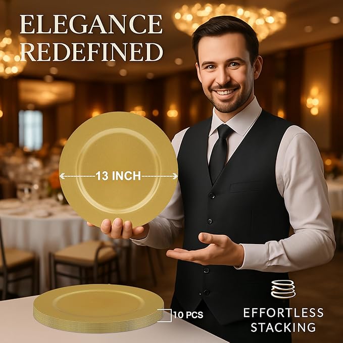 JEVERGN 10 Pack Gold Charger Plates, 13" Chargers for Dinner Plates, Gold Plate Chargers Set of 10, Round Plastic Charger for Wedding, Party Event, Dinner, Table Setting