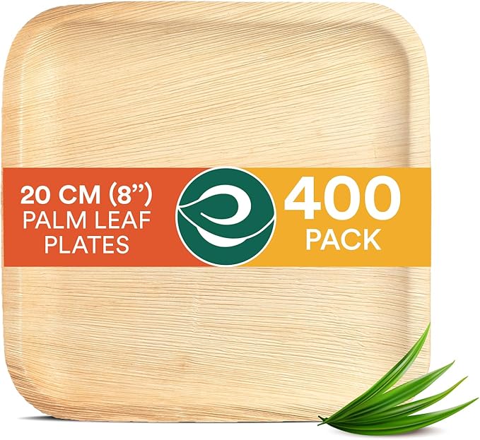 ECO SOUL 8 Inch Disposable Palm Leaf Plates [400 Pack] Premium Food-Safe Heavy Duty Compostable Bamboo Paper Plates for Lunch, Dinner, Birthday, Weddings, Party, Camping & Catering Events [Square]