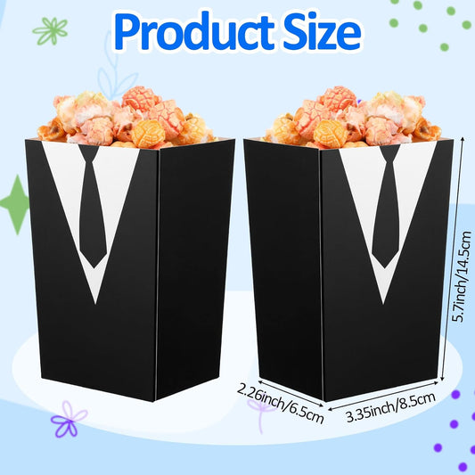 48 Pcs Tuxedo Popcorn Boxes, Black Tie Shirt Pattern Snack Bags Party Supplies, Disposable Popcorn Bags for Birthday Wedding Favors