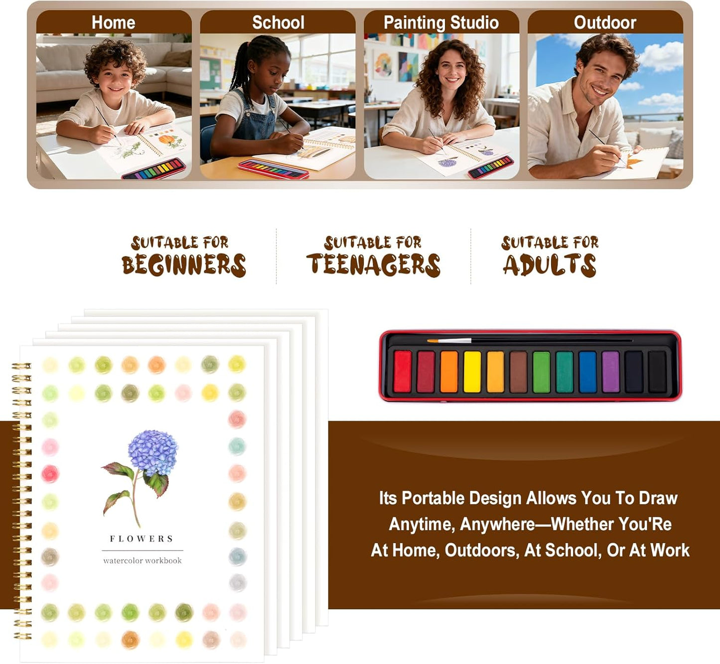 Kivzex Watercolor Workbook for Adults, Beginner Friendly Watercolor Painting Kit Flowers Water Coloring Book, Nature-Themed Practice Art Gift Water Color Paint Book with Palette and Brush