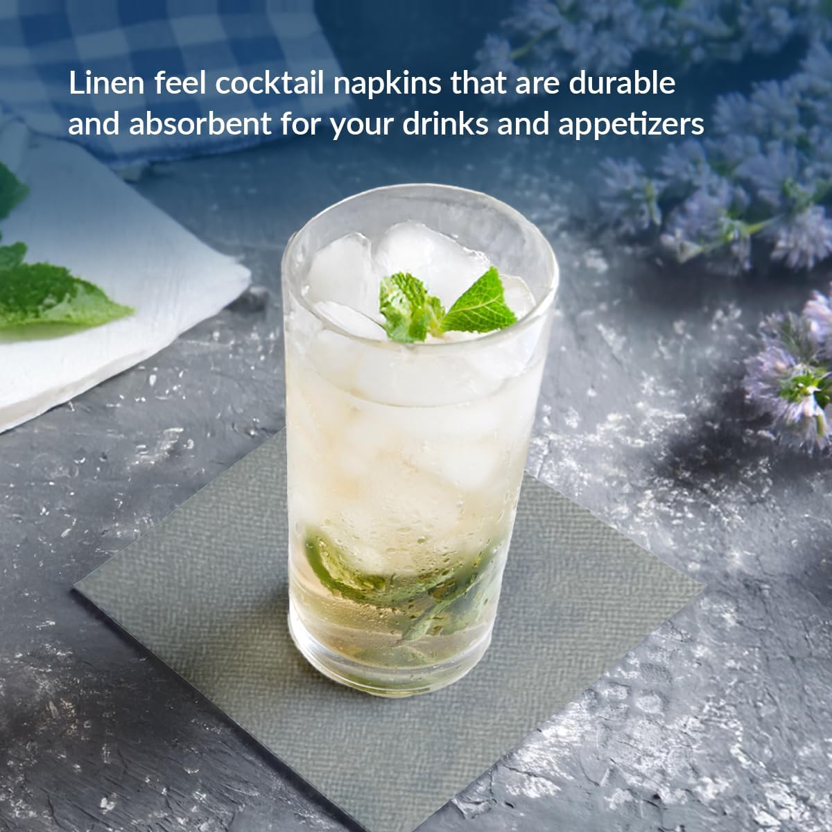 PAW - 100-Pack Disposable Linen-Feel Cocktail Napkins 4" x 4", Gray Premium Paper Napkins for Parties, Elegant Cloth-Like Beverage Napkins For Bars, Restaurants, Made in Europe