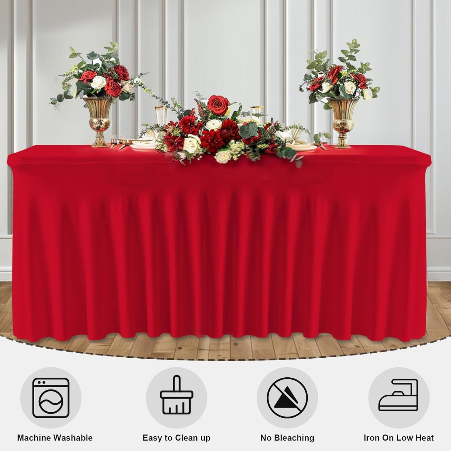 Red Spandex Tablecloth with Skirt for 6FT Tables – Wrinkle-Free, Stretch Fitted Elastic Cover – Rectangle Table Cloth for Christmas Banquets Parties Buffets Restaurants