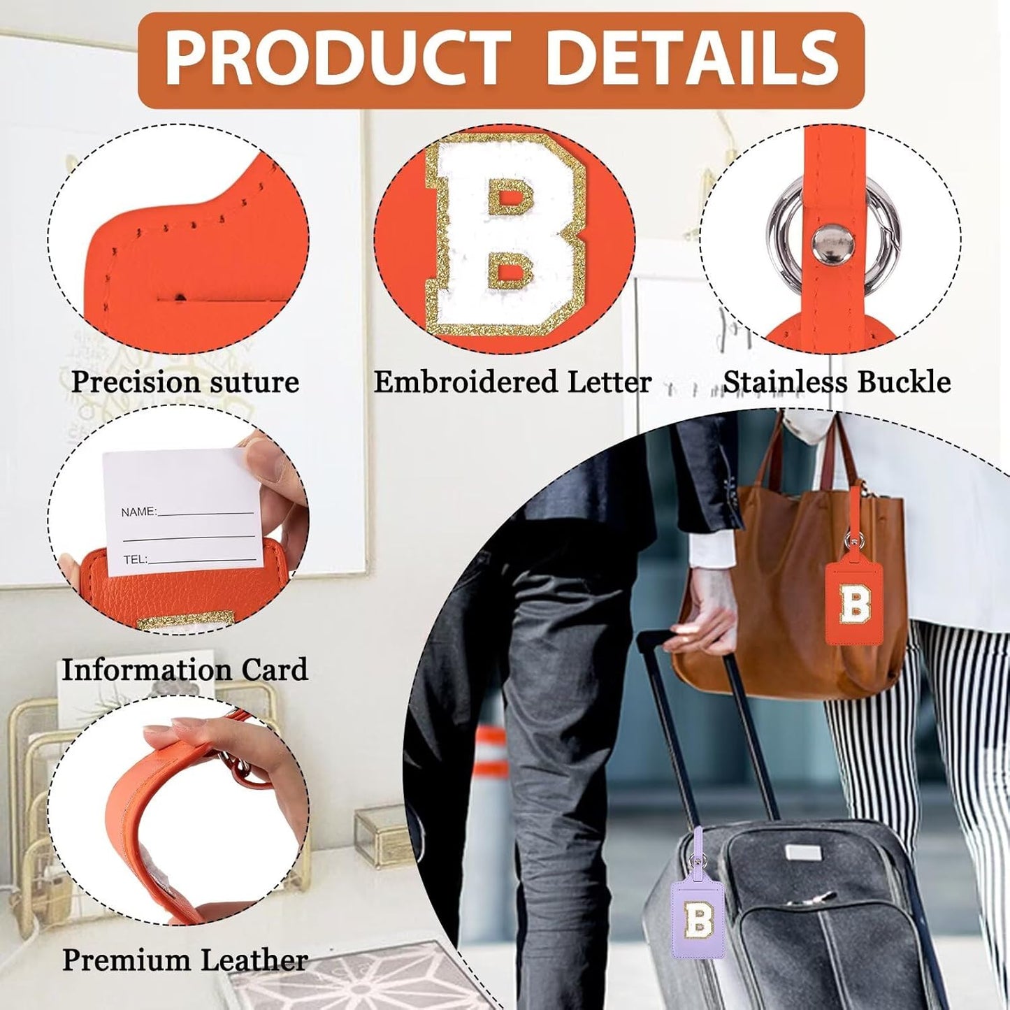 Personalized Initial Luggage Tags for Suitcases, Leather Chenille Letter Cute Luggage Tags with Privacy Name Card, Embroidered Travel Bag Backpack Tags Gifts for Women Kids Girls Teens(Orange-B)