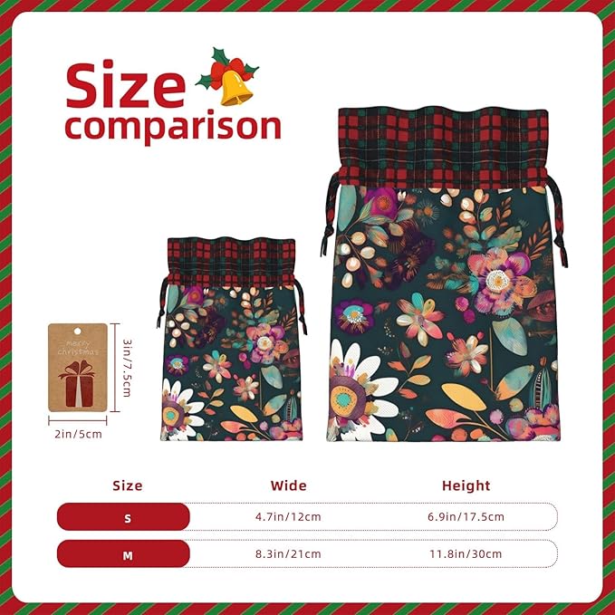 PULaif Colorful Boho Floral Christmas Drawstring Gift Bags, Large Size Christmas Bags For Gifts Party Favors, Xmas Gift Bags