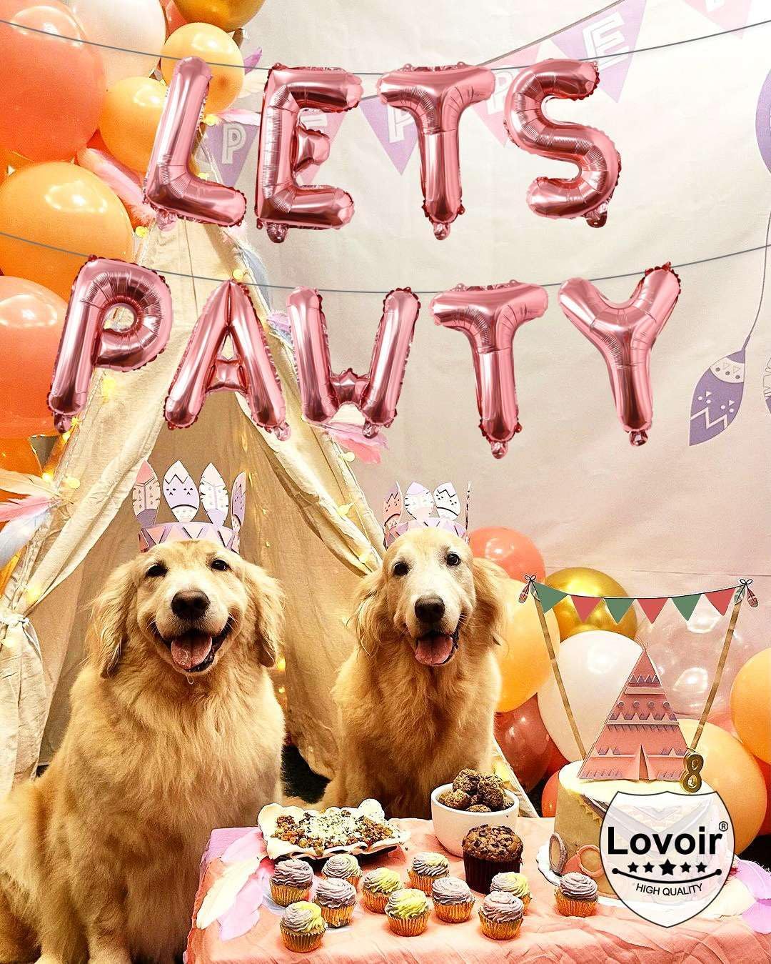 9 Pcs Lets Pawty Balloons Banner 16 Inch, Dog Cat Pet Birthday Letters Sign Lets Pawty Balloons Happy Birthday Banner for Pet Dog Cat Party Supplies Decorations (Rose Gold)