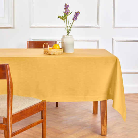 Solino Home Linen Tablecloth for Rectangle Tables 60 x 144 Inch - 100% Pure Linen Mustard Yellow Table Cloth - Fete, Machine Washable Cloth Tablecloth