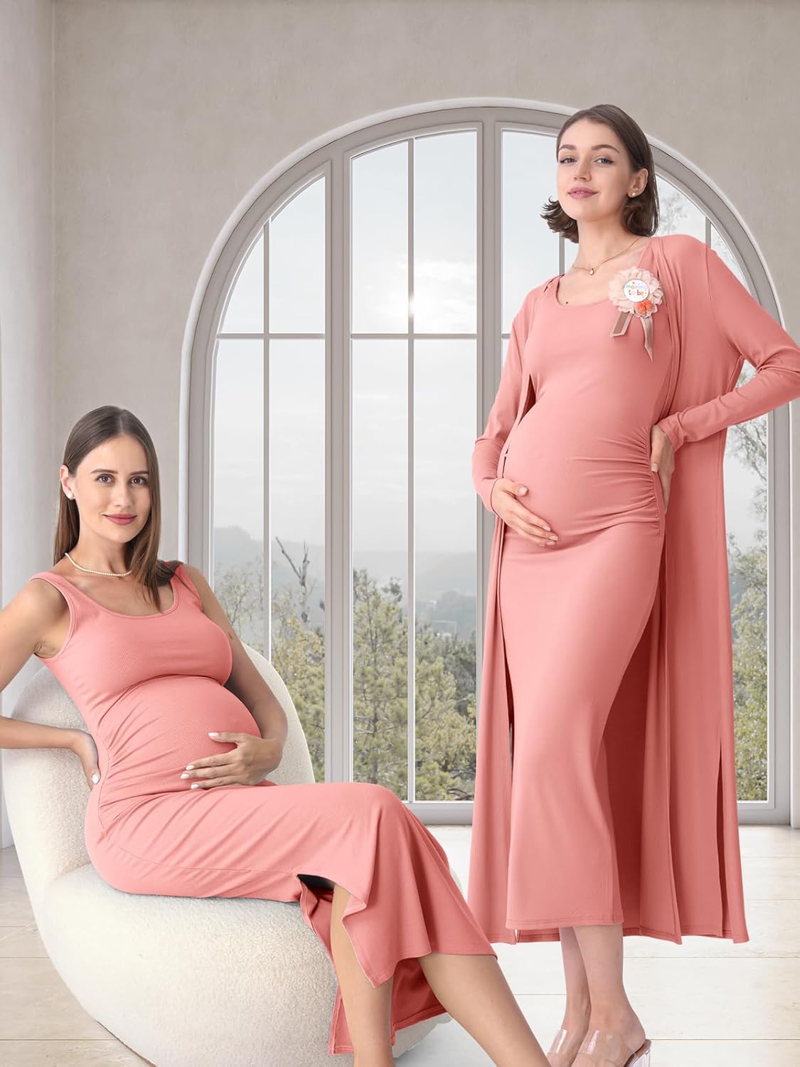 Rnxrbb 2 PCS Fall Winter Maternity Dress Cardigan Set Long Bodycon Maxi Formal Dresses Boho Baby Shower for Women