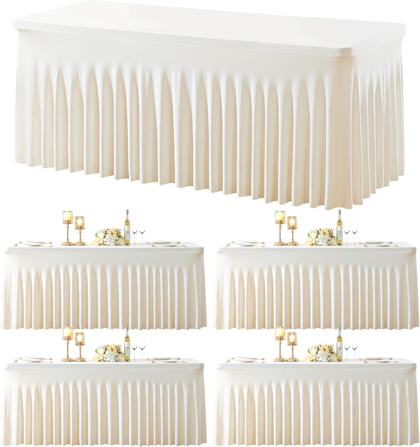 4 Pack Spandex Ivory Fitted Table Cloth for 6ft Rectangle Tables Ivory Stretch Tablecloth Table Covers Banquet Table Clothes Wrinkle Free Table Skirt for Parties Wedding