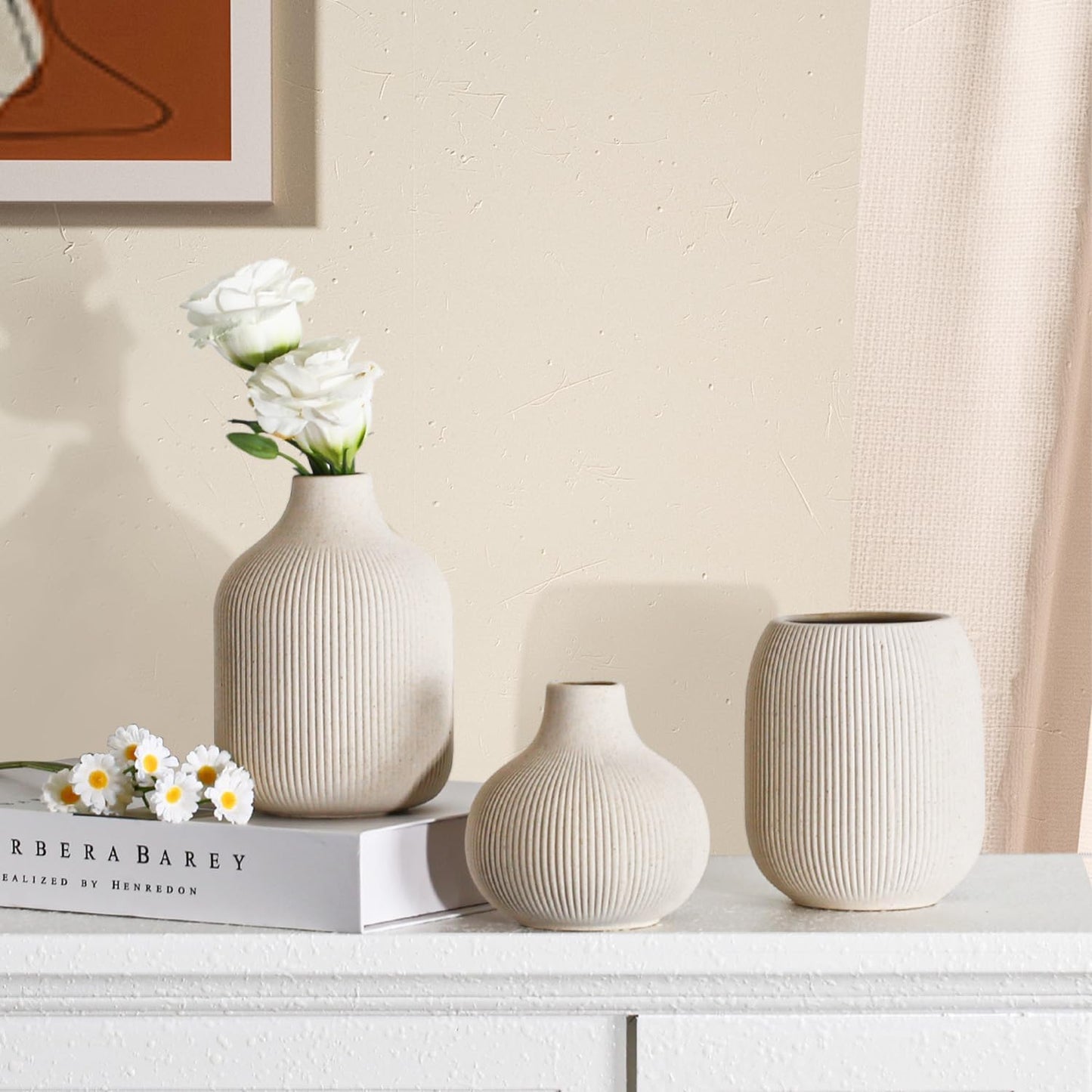 Modern Beige Ceramic Vase Set of 3, Ribbed Texture Boho Minimalist Home Decor, Small Decorative Vases for Centerpiece, Shelf, Tabletop - Aesthetic Touch for Neutral & Transitional Spaces