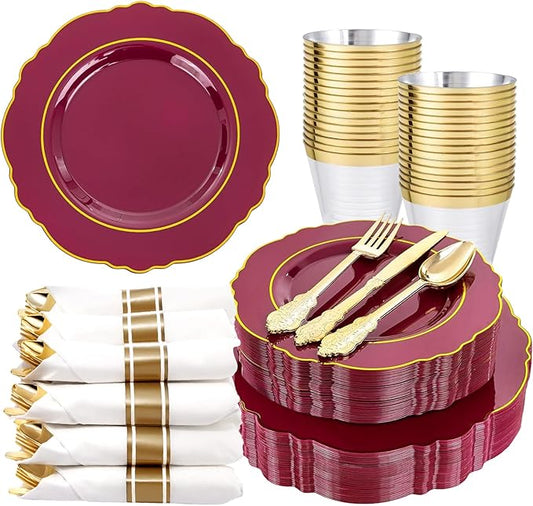 Liacere 175PCS Red Plastic Plates - Disposable Burgundy Red and Gold - 25guest Baroque Plastic Dinnerware include 50Plates, 25Pack Pre Rolled Napkins with Silverware 25Cups for Party