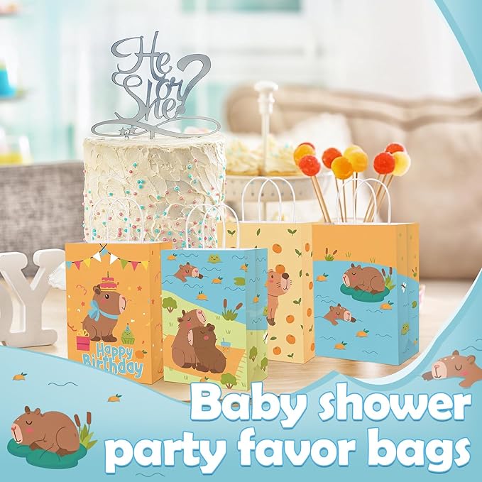 Gaillty 24 Pcs Capybara Gift Bags Paper Capybara Party Favor Bags with Handles Cute Animals Goodie Candy Treat Pouches for Birthday Decorations Baby Shower Party Supplies