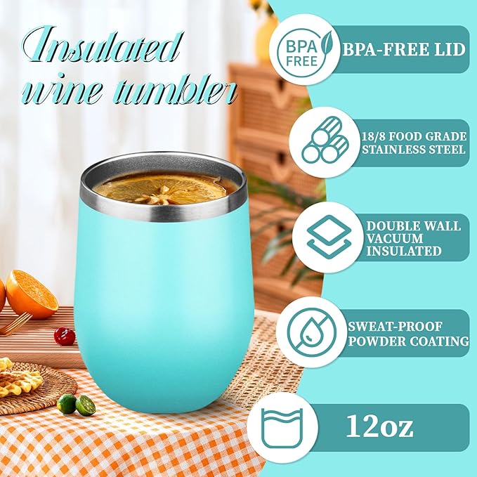 12oz Stemless Wine Tumbler with Lid Double Wall Insulated Wine Cup Stainless Steel Glasses Tumbler with Straw Insulated cocktail Tumbler Coffee Mug for Hot and Cold Beverages (Multicolor-4,4Pack)