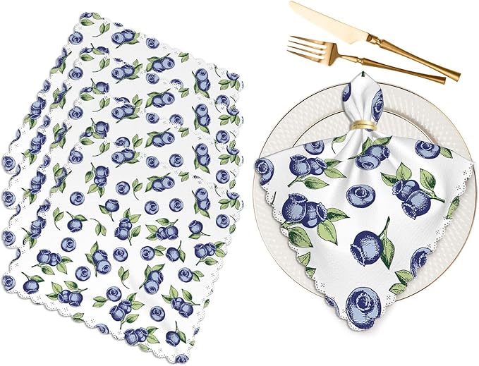 Yibeas Blueberries and Leaves Cloth Table Napkins Set of 4 Hand Drawn Vector on White Background Polyester Washable Decoration Dinner Napkins for Kitchen 18 x 18 inch