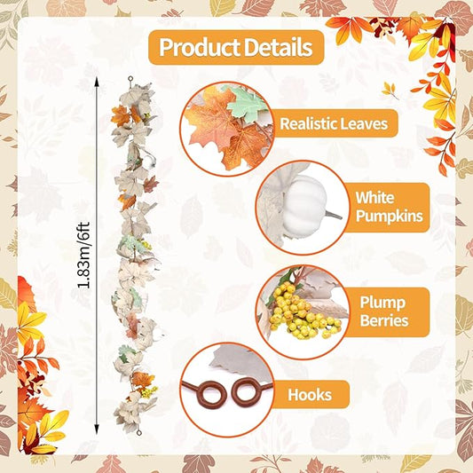Fall Garland with Pumpkins and Berries – 6ft Artificial Maple Leaf Garland with Cream and Orange Leaves for Thanksgiving, Fireplace, Front Door, Farmhouse Autumn Decorations