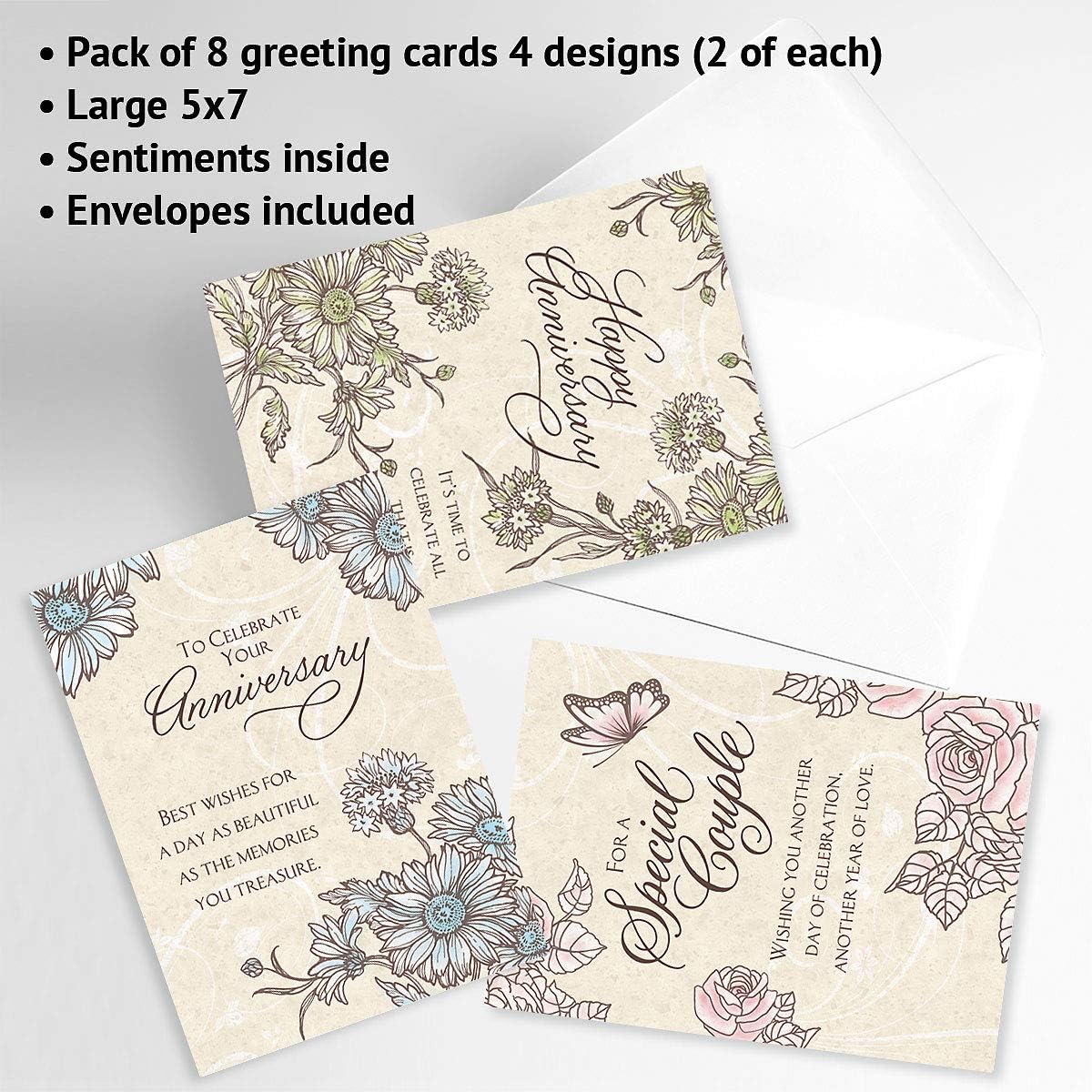 Expressions of Faith Anniversary Cards - Set of 8 (4 designs), Large 5" x 7" Religious Wedding Anniversary Cards with Bible Verse Inside, White Envelopes