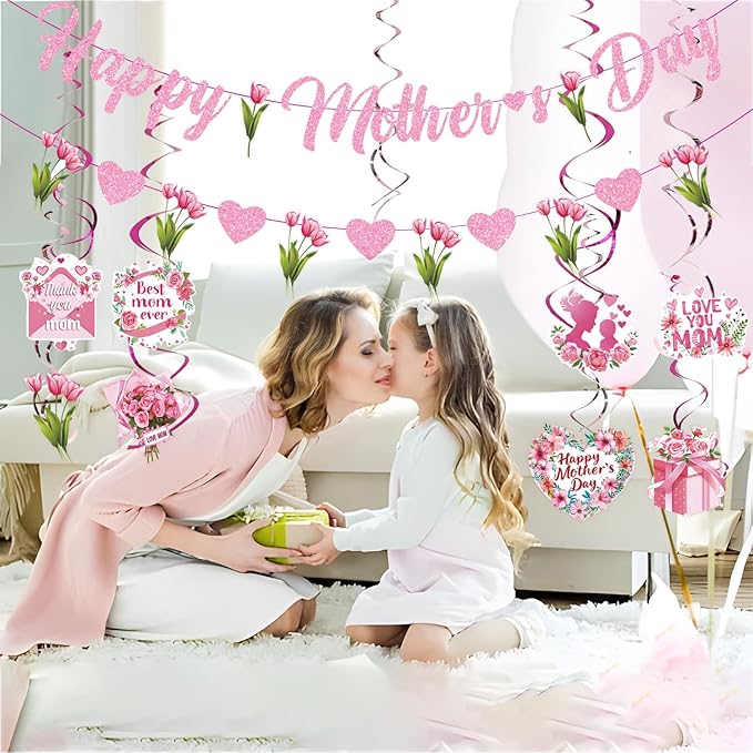 Happy Mother's Day Banner Set Decoration for Mother's Day Party Decorations Backdrop Garland for Mom Mother's Day Glitter Garland Photo Props (flower)