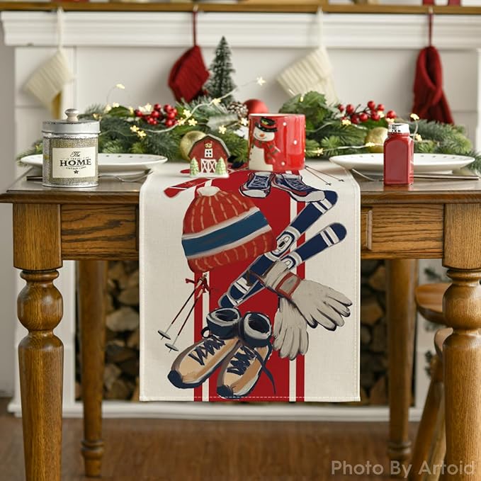 Artoid Mode Red Sleigh Snowboarding Christmas Table Runner, Seasonal Winter Holiday Kitchen Dining Table Decoration for Indoor Outdoor Home Party Decor 13x72 Inch