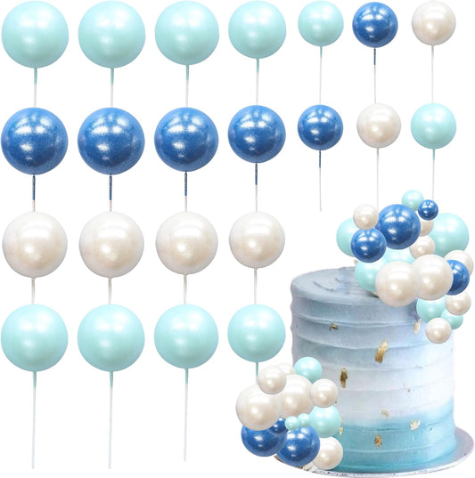 Ephlyn 30Pcs Ball Cake Picks Colorful Ball Shaped Cake Topper Pearl Balls Cupcake Cake Insert Topper for Birthday Party Decoration Supplies Pearl White Blue