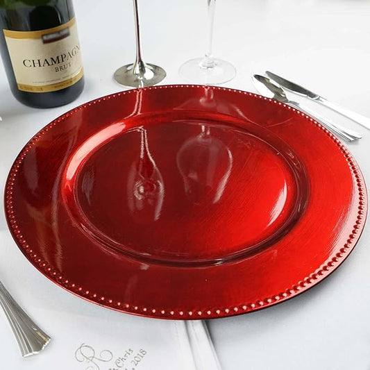 Efavormart 6 pcs 13" Red Beaded Round Charger Plates for Tabletop Decor Holiday Wedding Catering Event Decoration