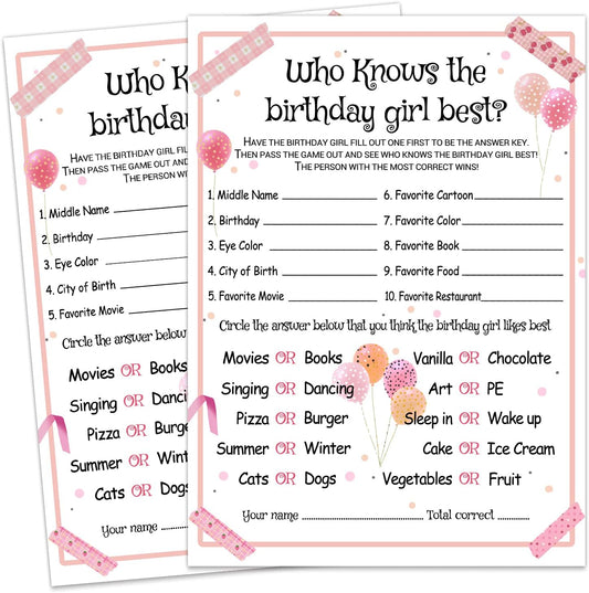 Who Knows the Birthday Girl Best - Girl Birthday Party Game - Themed Party Activity and Idea - Supplies, Decorations - 20 Game Cards