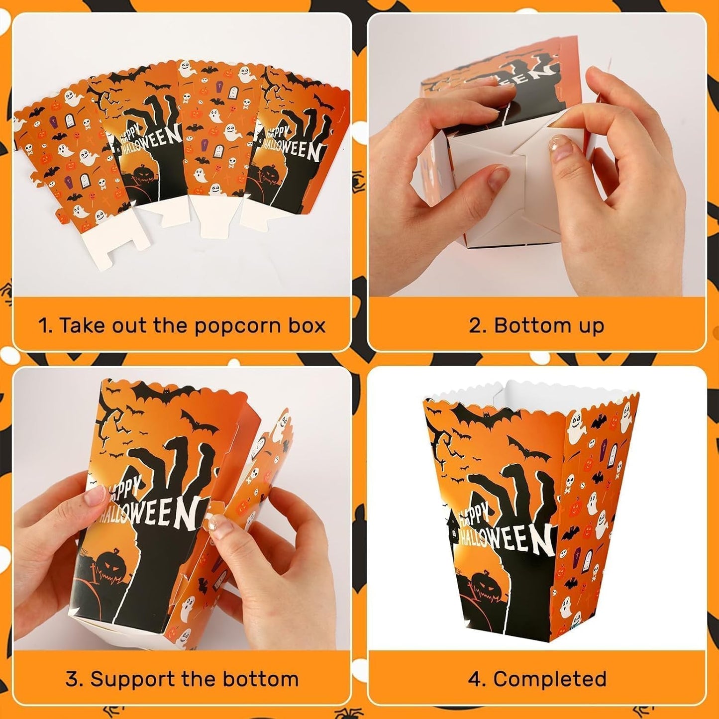 DECYOOL 24 Pcs Halloween Popcorn Boxes, Hocus Pocus Popcorn Boxes Pumpkin Bat Witch Trick Or Treating Popcorn Candy Cookie Treat Boxes for Halloween Theme Birthday Party (4 Styles)