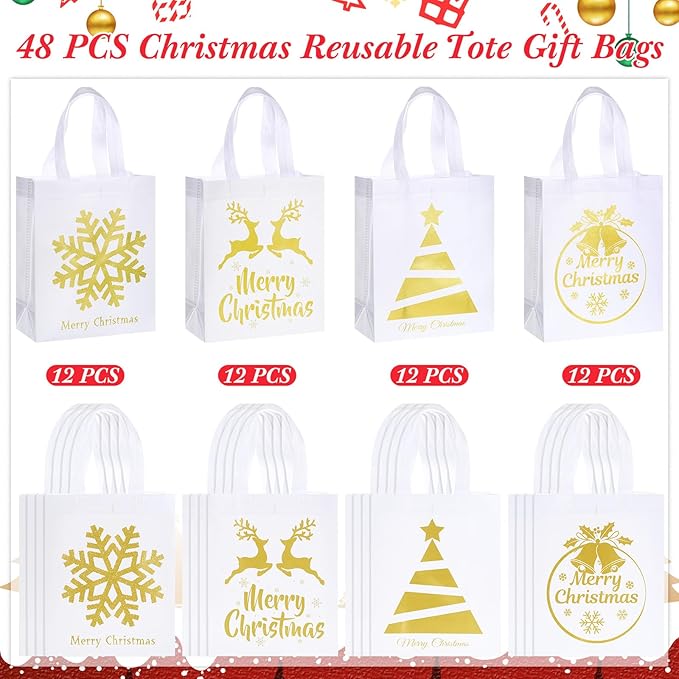 Wesnoy 48 Pcs Christmas Gift Bags Bulk 10 x 8 x 4 Inch White Gold Metallic Goodies Bags Reusable Non Woven Christmas Party Favors Candy Treat Totes with Handle for Holiday Gift Birthday Party Supplies