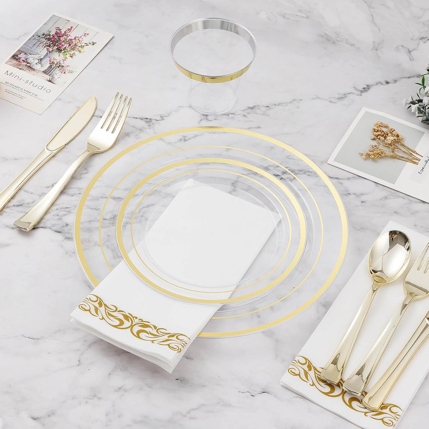BESTVIP 350PCS Clear Gold Disposable Dinnerware Set for 50 Guests, Plastic Plates for Party, Wedding, Christmas, Halloween, Include: 100 Plastic Plates, 50 Gold Silverware, 50 Cups, 50 Napkins