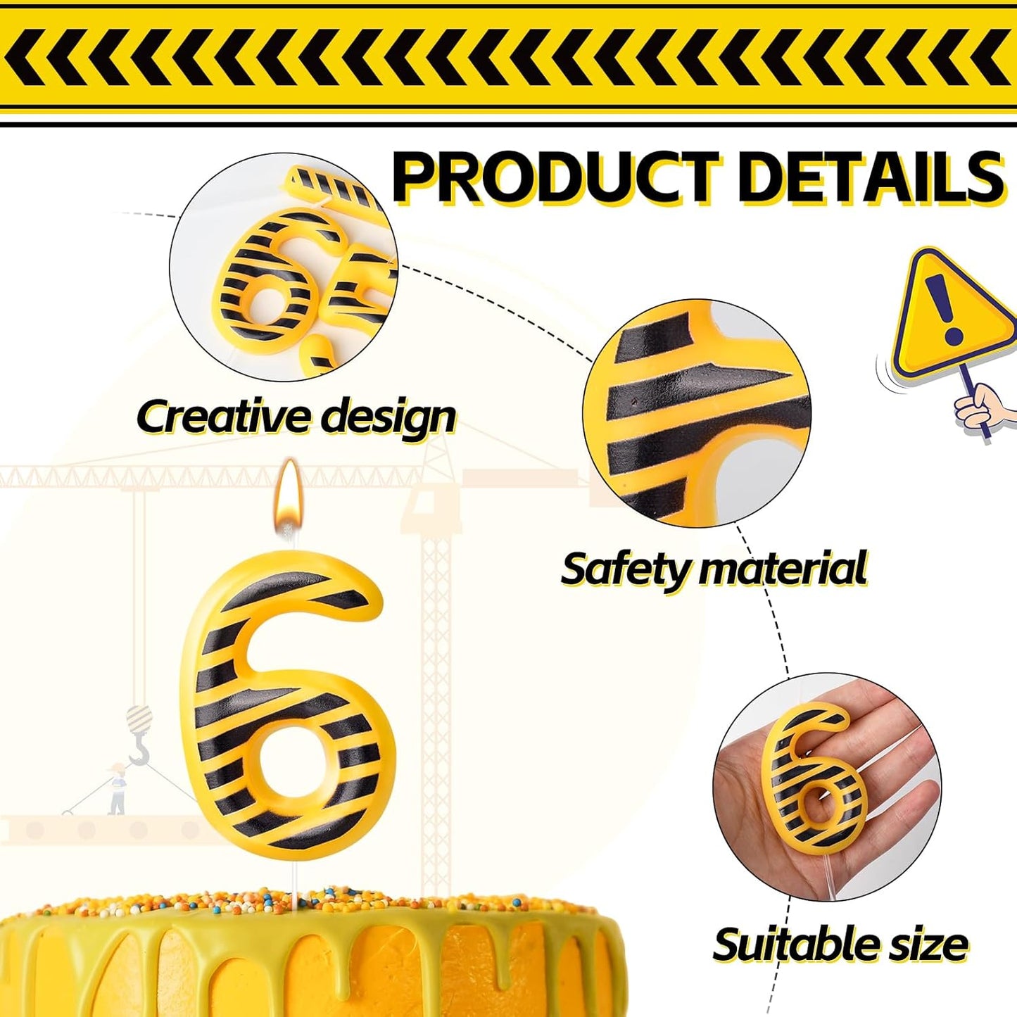 Construction Themed Birthday Candles Number 6 Candle Birthday Party Decoration Cake Topper for Construction Party Decoration Theme Party Supplies (Number 6)